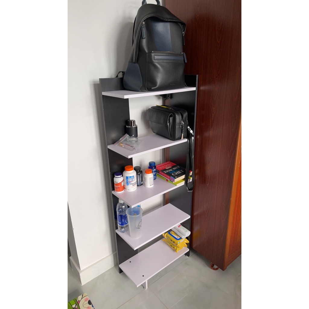 Kệ sách gỗ 5 tầng kệ góc tường gỗ MDF chống nước màu TRẮNG MIX ĐEN