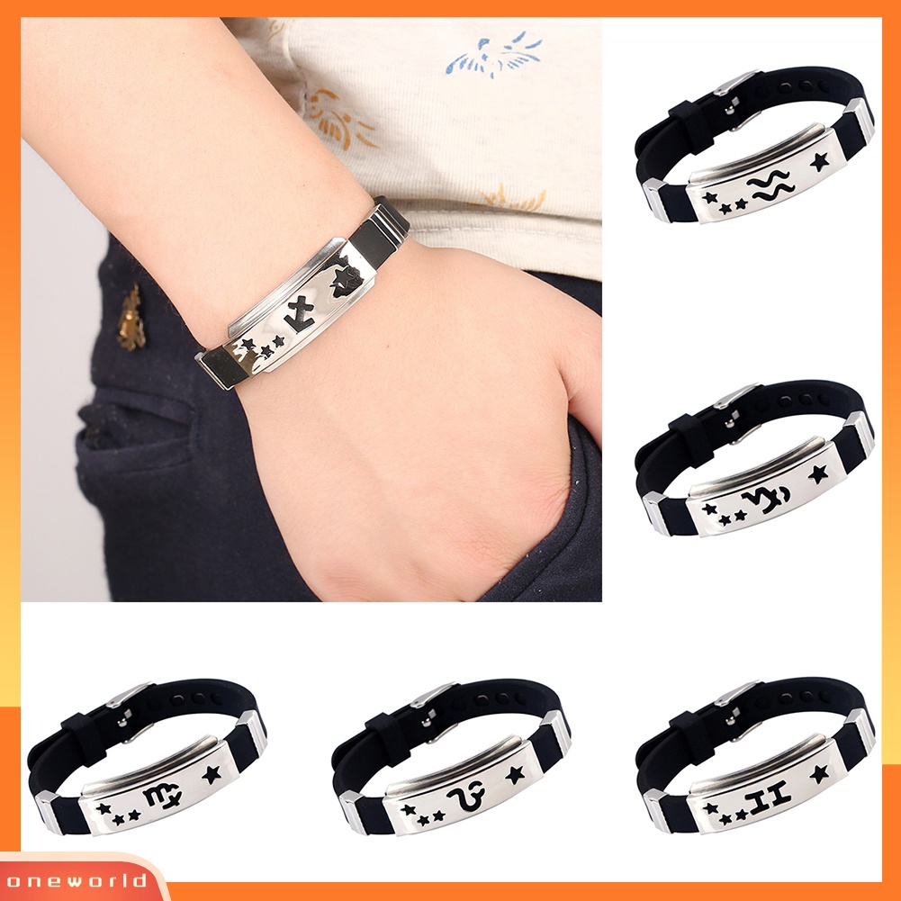 Vòng tay bằng silicone phối mặt kim loại khắc hình 12 cung hoàng đạo đầy độc đáo