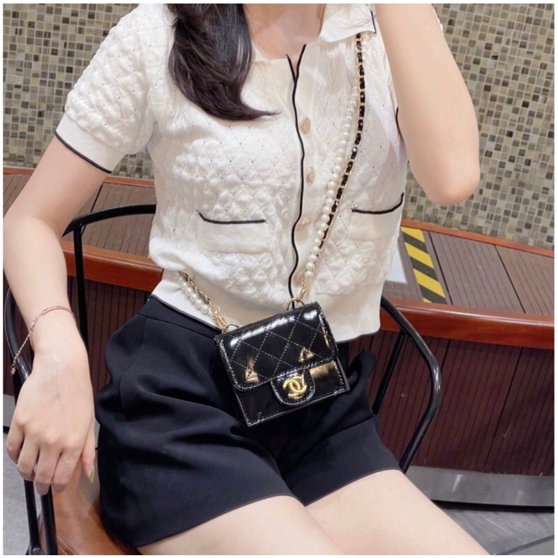 Túi Xách Nữ Đeo Chéo Mini Da Bóng Khoá Chữ X, Dây Ngọc kèm Dây Xích Da Xinh Xắn TTX10