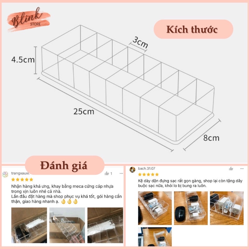 Hộp đựng dây sạc điện thoại, đựng củ cáp sạc 8 ô  chất liệu nhựa mica trong suốt, dày dặn