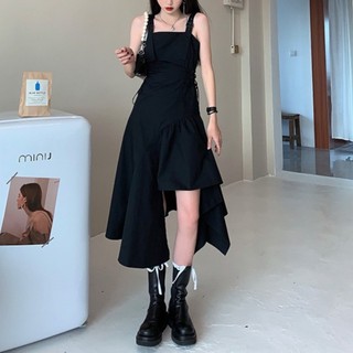 Đầm hai dây black basic thắt dây vạt chéo không đối xứng siêu chất Ulzzang