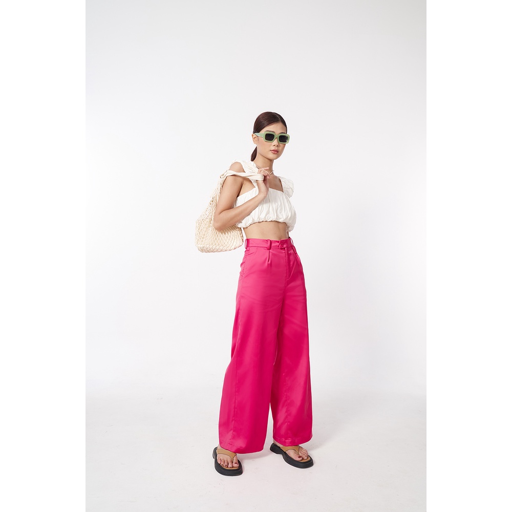 DOTTIE - Quần ống rộng vải satin nữ hồng sen Q0262