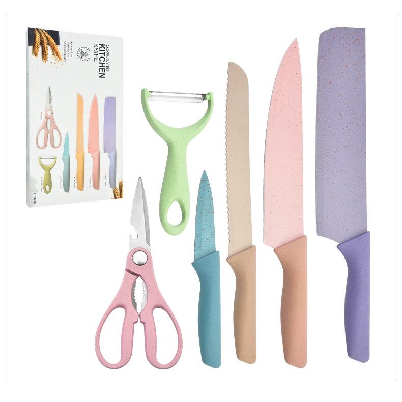 Bộ dao lúa mạch 6 món 4 dao con, 1 nạo 1 kéo hộp giấy đựng sang chảnh làm quà tặng sang trọng trong gian bếp