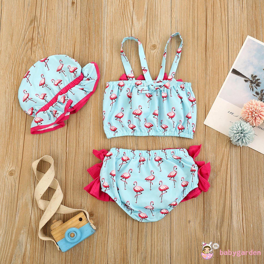 Bộ Đồ Bơi 3 Mảnh Hai Dây In Họa Tiết Chim Hồng Hạc Kèm Mũ Dành Cho Bé Gái
