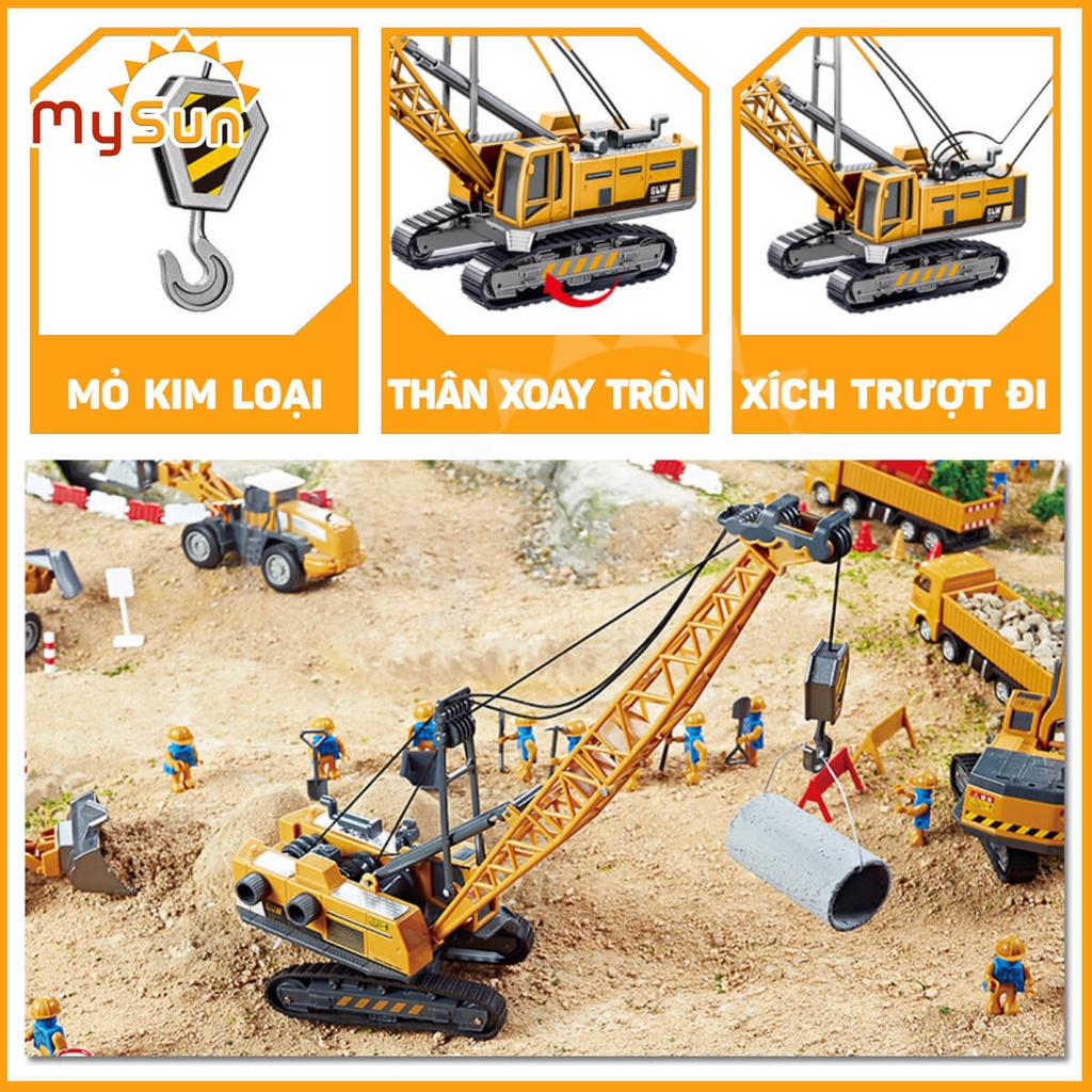 Ô tô xe tải, máy ủi, xúc múc đất, trộn bê tông, cần cẩu,xe lu đồ chơi công trình bằng kim loại cho trẻ em MySun.