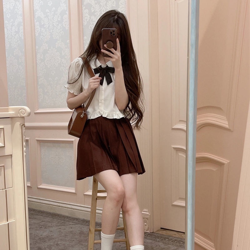 Áo sơ mi phong cách đại học Nhật Bản tay ngắn ren màu trắng dễ thương jk cho nữ 7bGX