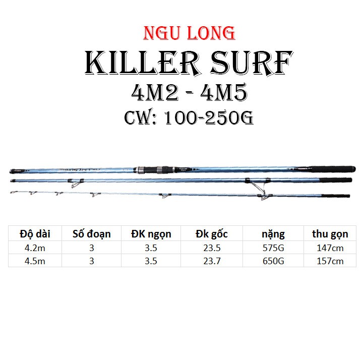 Cần câu lục 3 khúc KILLER SURF 4m2 - 4m5 câu lục xa bờ độ cứng BX