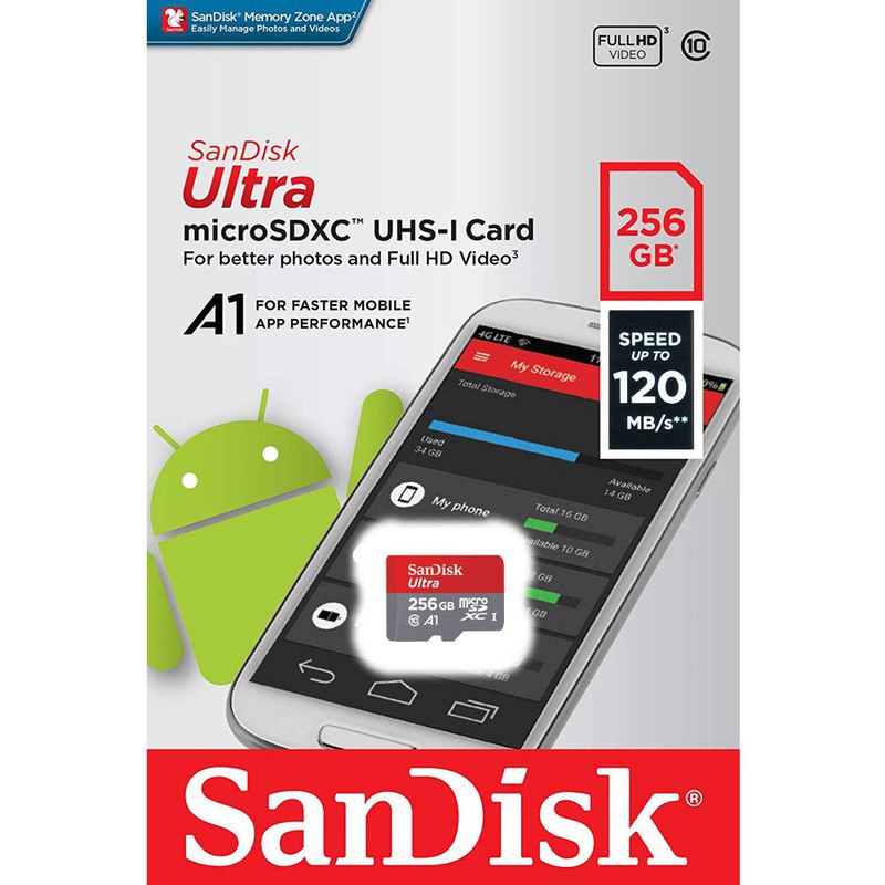 Thẻ nhớ microSDXC SanDisk 256GB Ultra A1 UHS-I tốc độ upto 120MB/s (Đỏ xám)