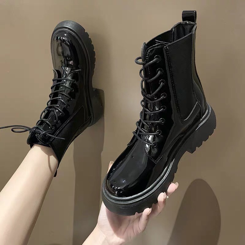 Boot Nữ Martin Cổ Cao Ulzzang Độn Đế, Giày Bốt Buộc Dây Da Lì, Da Bóng Phong Cách Hàn Quốc Mẫu Mới 2021