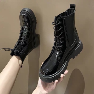 Boot Nữ Martin Cổ Cao Ulzzang Độn Đế, Giày Bốt Buộc Dây Da Lì, Da Bóng Phong Cách Hàn Quốc Mẫu Mới 2021