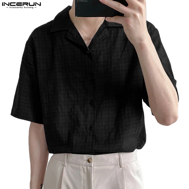 Áo sơ mi INCERUN ngắn tay dáng rộng cài khuy phong cách thời trang thanh lịch cho nam