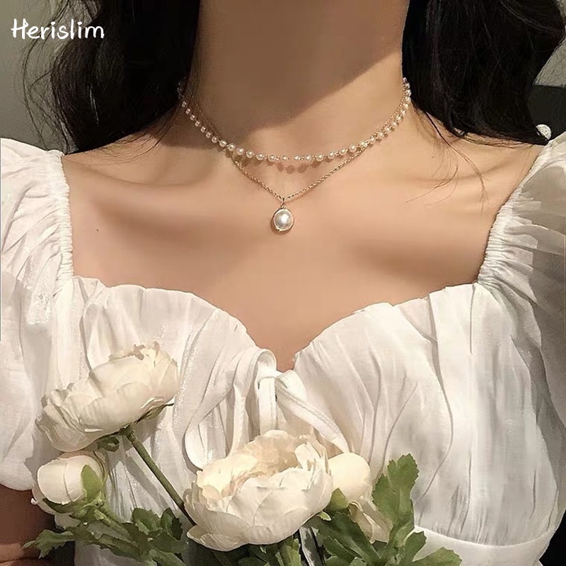 Vòng cổ kim loại chuỗi hạt ngọc trai nhiều tầng thời trang cho nữ