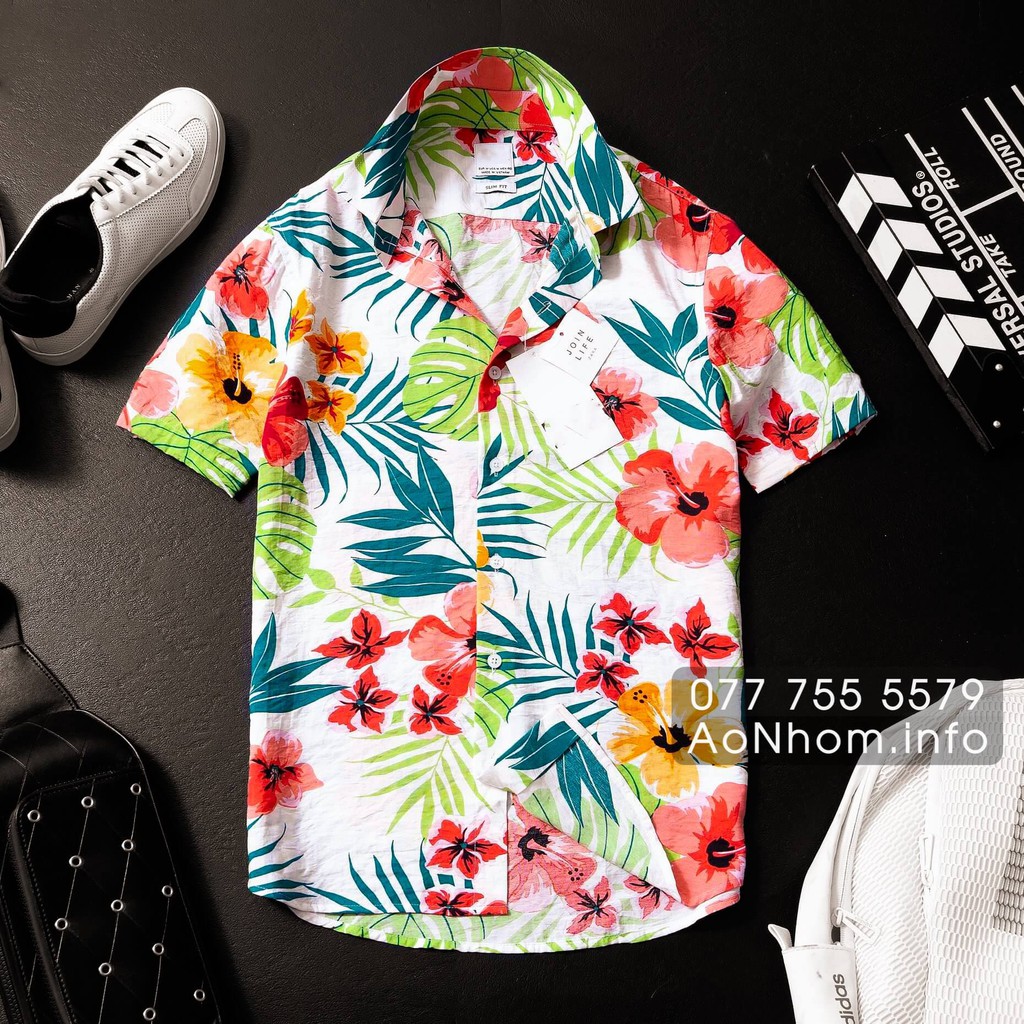 Áo sơ mi đi biển mềm mát - Hoa dăm bụt