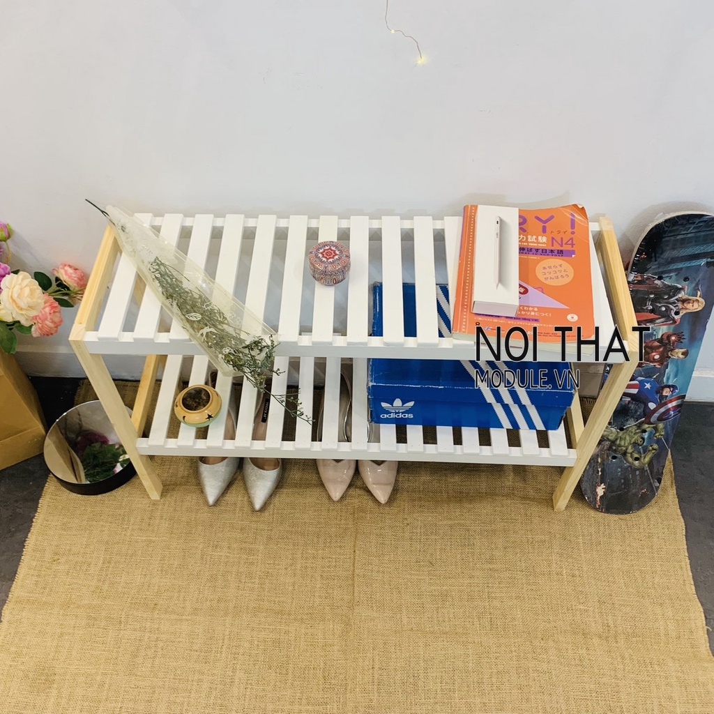 Kệ gỗ 2 tầng trang trí decor phòng, Giá gỗ 2 tầng mầu trắng phong cách hàn quốc