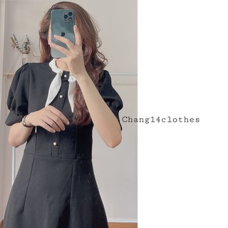 Váy đen tay bồng cổ dây nơ