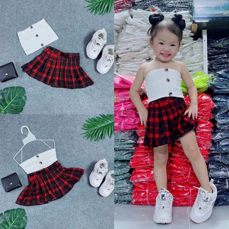 Sét Áo Ống Kèm Chân Váy Xếp Ly Thời Trang Cho Bé Gái Năng Động Size Từ 7-26kg