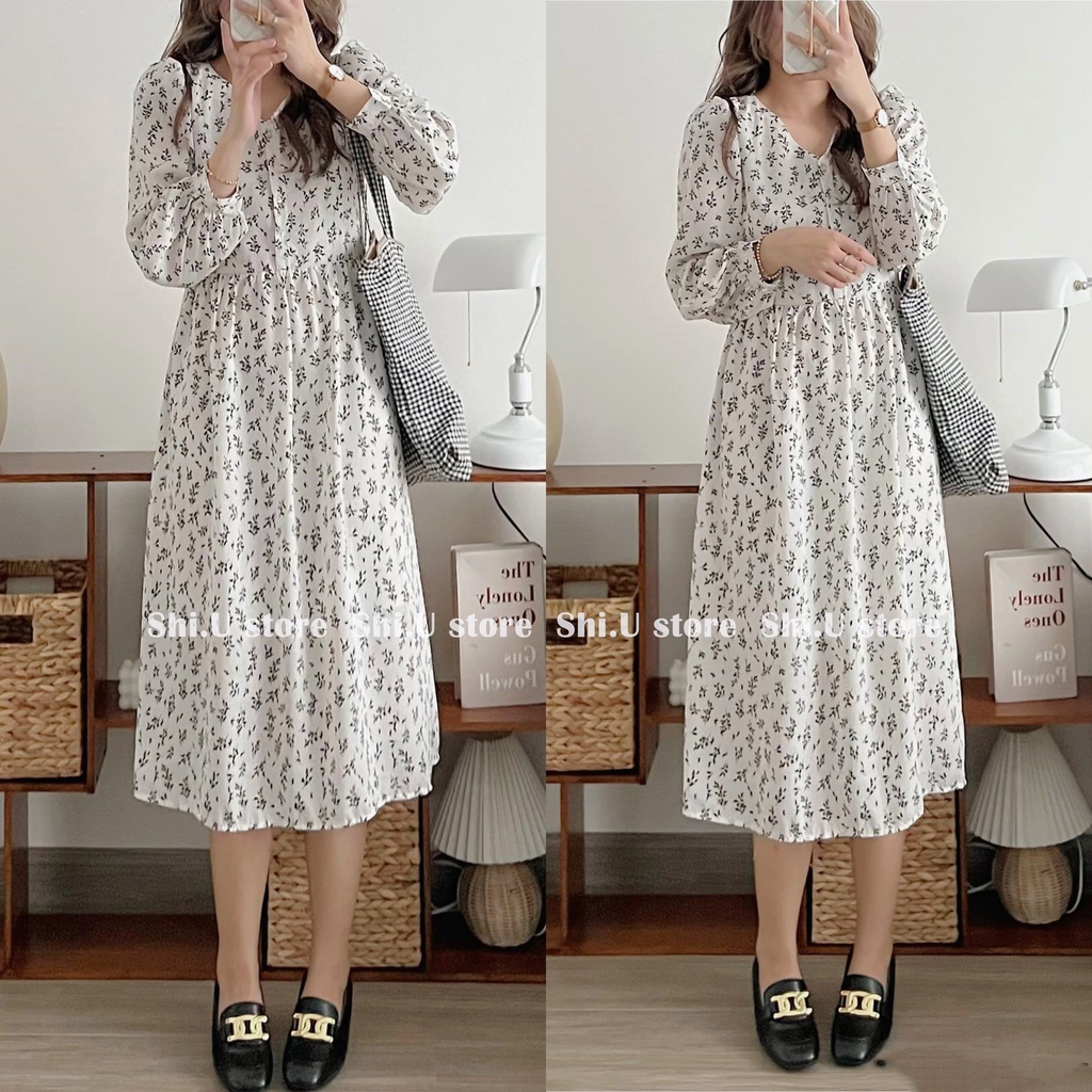 Váy babydoll hoa nhí dài tay dáng dài cổ V tay bồng chất lụa mát 2 lớp ulzzang