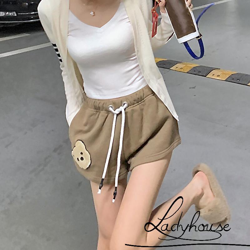 Quần Short Thể Thao Ống Rộng Thêu Hình Gấu Cho Nữ