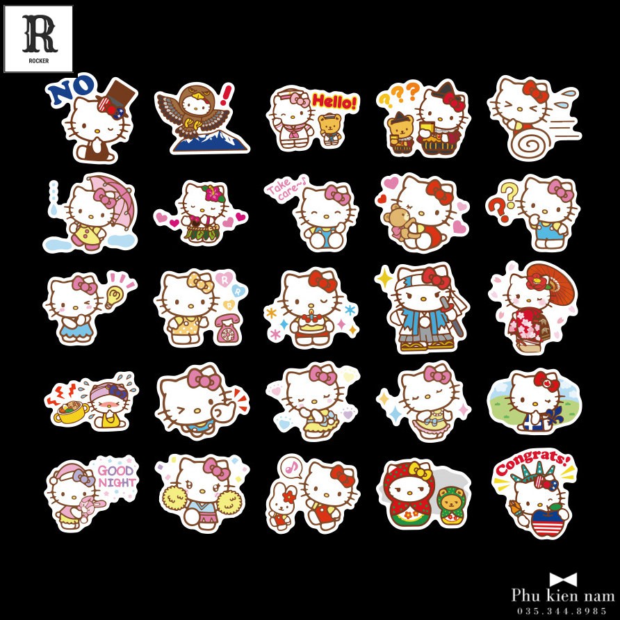 Sticker PVC Hello Kitty 100 Hình ST101 - Stickers Chống nước Dán Mũ bảo hiểm Vali Laptop Điện thoại Dán xe