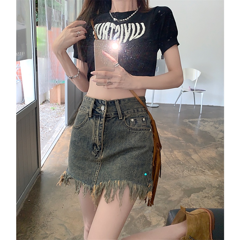 Chân váy jean Chữ A Lưng Cao Phong Cách retro Thời Trang Hàn Quốc Cho Nữ