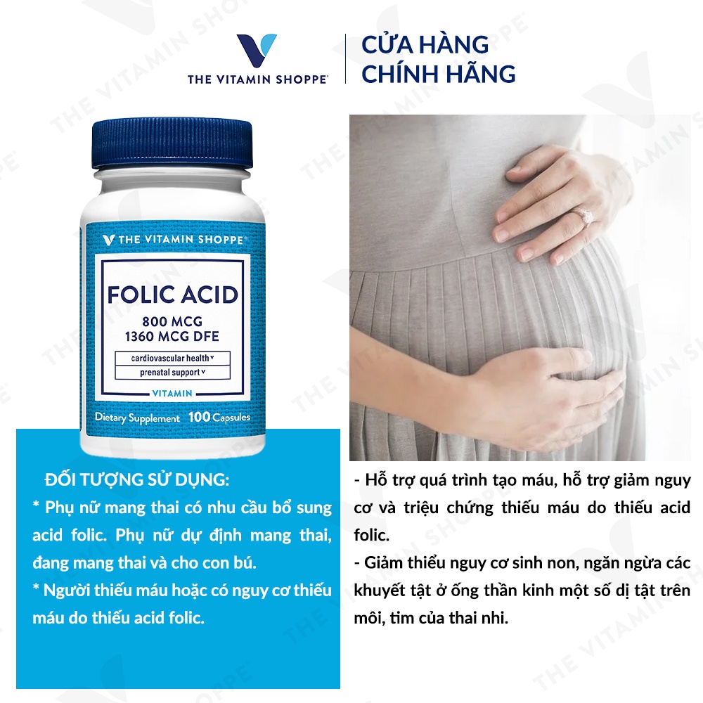 Viên uống bổ sung cho mẹ bầu THE VITAMIN SHOPPE Folic Acid 800 MCG 100/300 viên