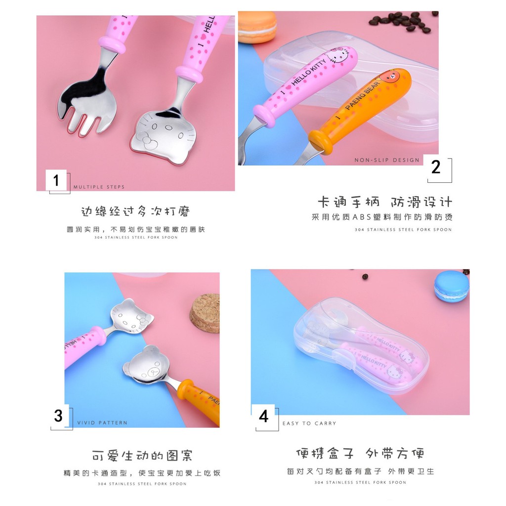 ♥♥Bộ Muỗng Nĩa Bằng Thép Không Gỉ Hình hello kitty Thân Thiện Với Môi Trường Kèm Hộp Đựng Cho Bé