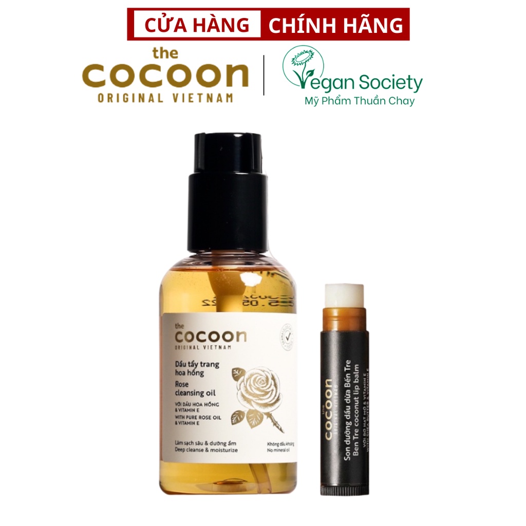 Combo Dầu tẩy trang hoa hồng cocoon 140ml + Son dưỡng môi dầu dừa bến tre cocoon 5g - Vegan Society