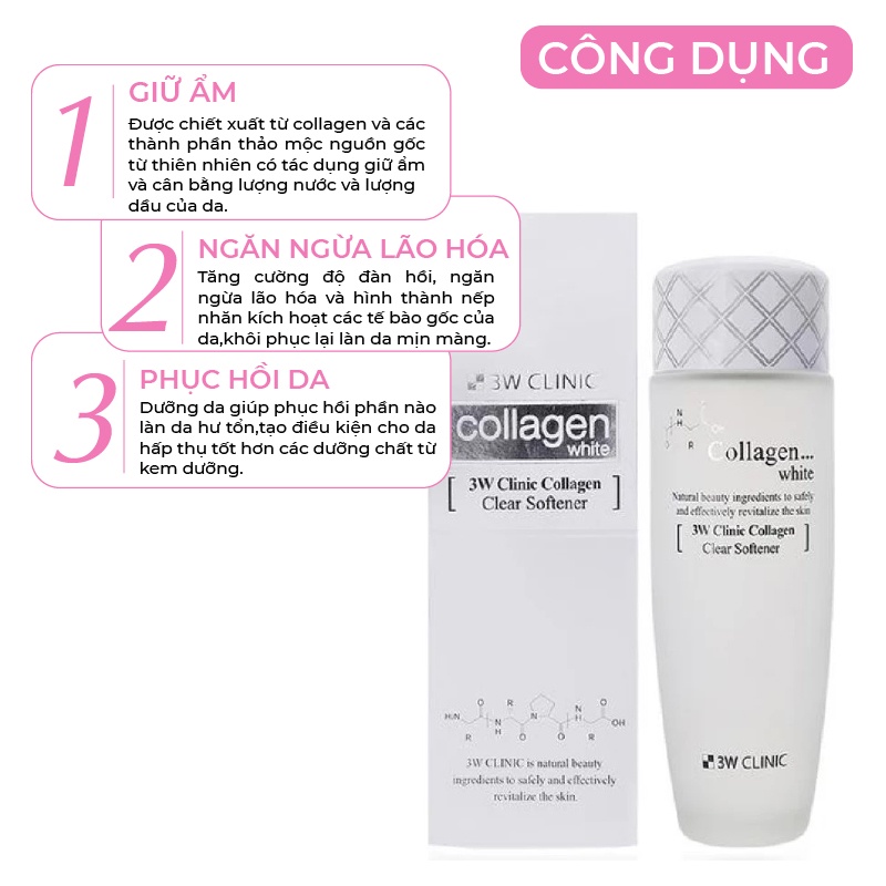 Nước hoa hồng dưỡng trắng da se khít lỗ chân lông chiết xuất từ Collagen 3W Clinic Hàn Quốc 150ml