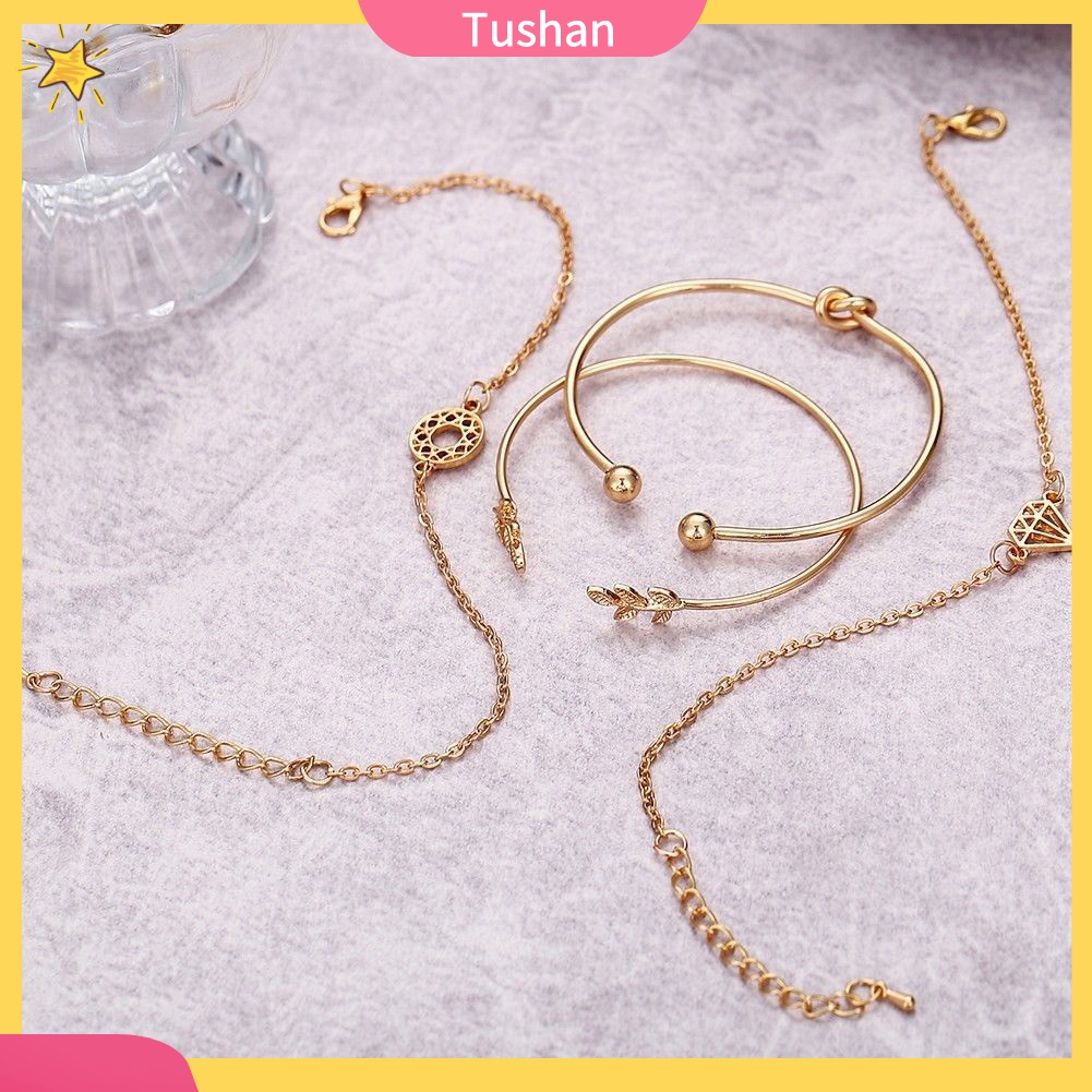TUSH_4Pcs/Set Boho Women Leaf Knot Hollow Crystal Open Bangle Bracelet Jewelry Decor