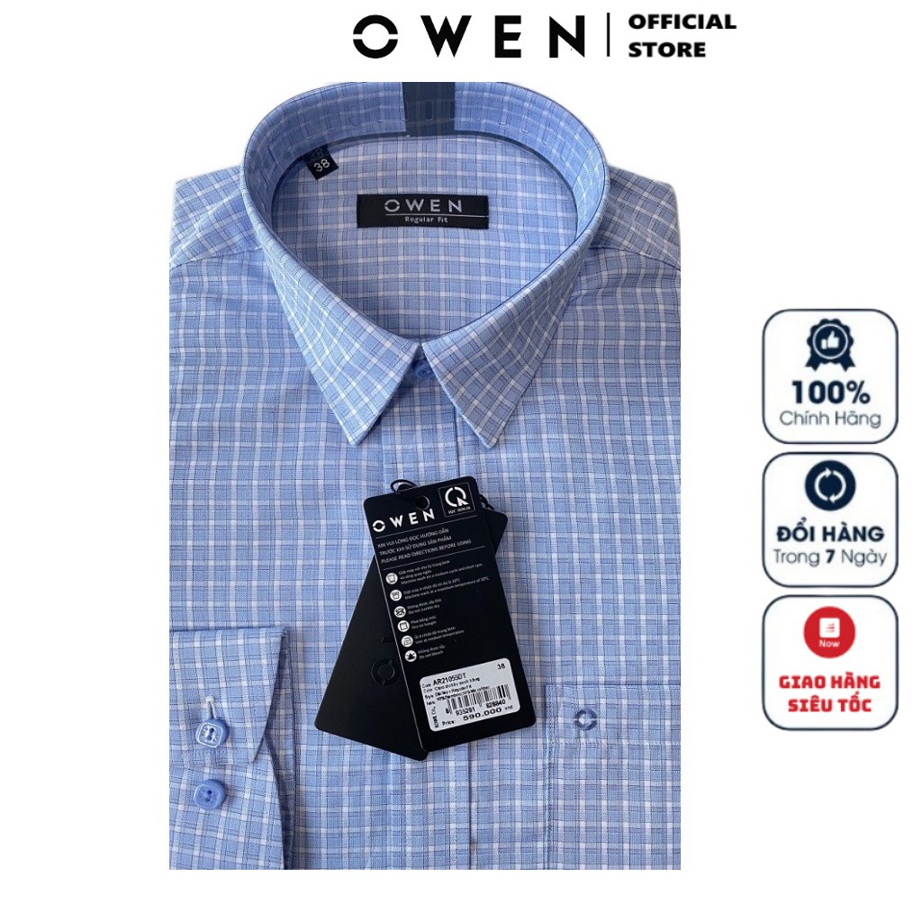 Áo Sơ Mi Nam Tay Dài Owen AR21055DT Dáng Regular Fit Màu Xanh Caro Trắng Vải Sợi Tre