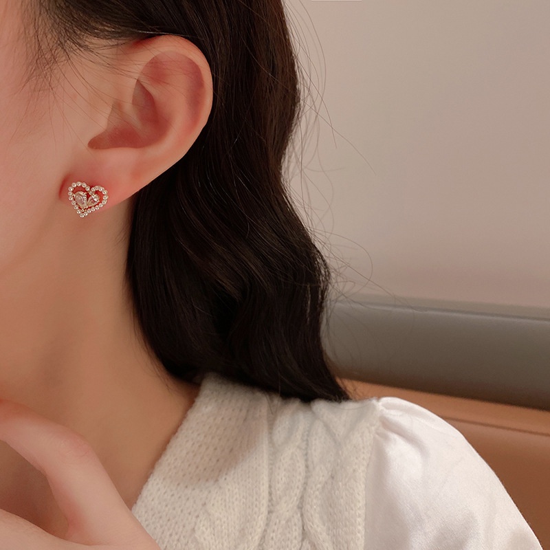 1 Cặp Bông Tai S925 Hình Trái Tim Đính Đá Zircon Phong Cách Hàn Quốc Sang Trọng Dành Cho Nữ