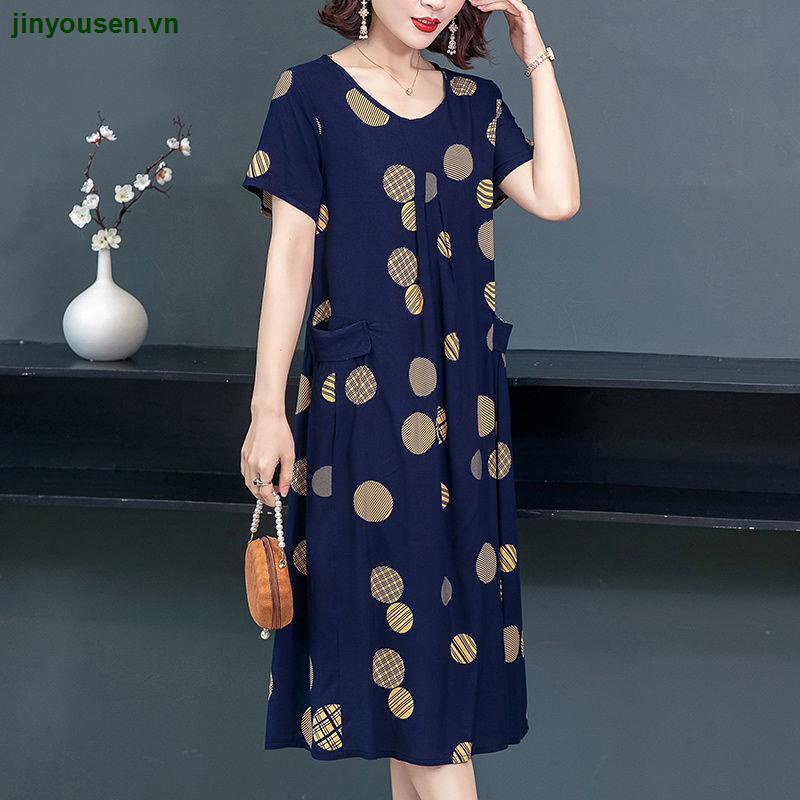 Đầm Tay Ngắn Chất Liệu Cotton Lụa Thời Trang Mùa Hè Cho Phụ Nữ Trung Niên 40-50 Tuổi