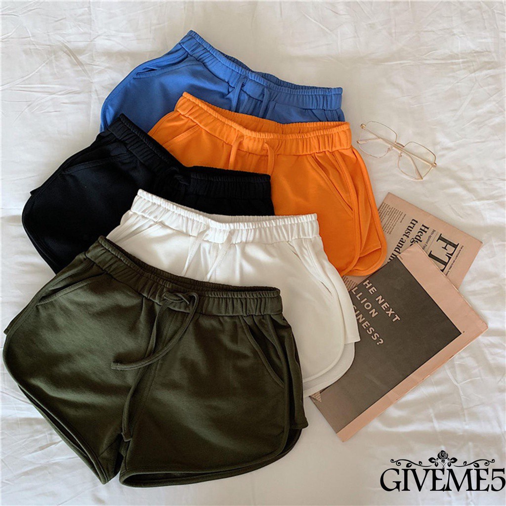 Giveme Quần Short Lưng Cao Màu Trơn Có Túi Và Dây Rút Thời Trang Mùa Hè Cho Nữ