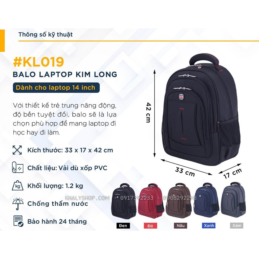 ORD Balo laptop đa năng, balo học sinh cấp 2,3 thương hiệu Kim Long 019 có 5 màu - 630SNKL019 ( 33x17x42cm )