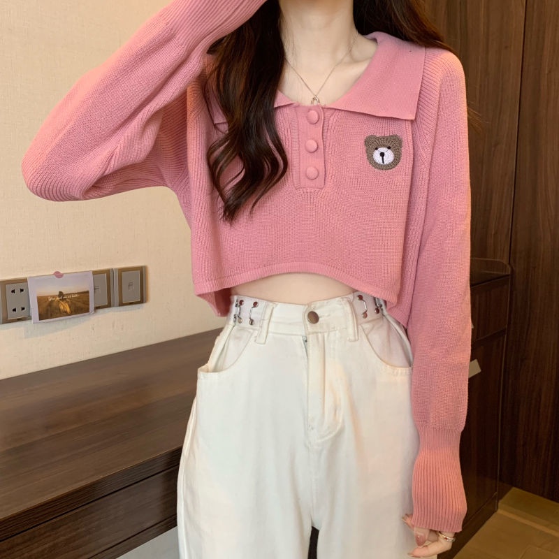 Áo sweater Tay Phồng Cổ Bẻ Thêu Hình Gấu Dễ Thương Phong Cách Hàn Quốc Thời Trang Mùa Thu