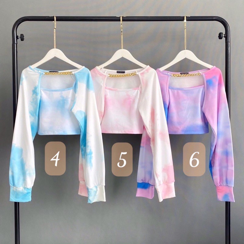 Set áo khoác croptop tiedye bò sữa