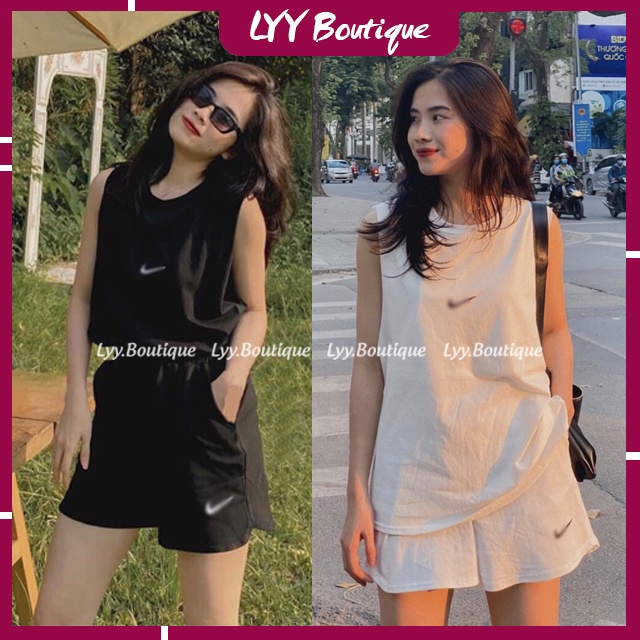 Bộ áo ba lỗ nữ tanktop sẵn quây không hở kèm quần short thêu hình chất cotton 3158 đẹp LYY BOUTIQUE