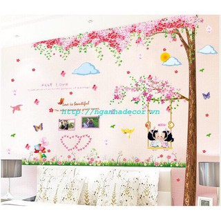 combo 2 bức  decal dán tường cây hồng tình yêu kết hợp chân tường