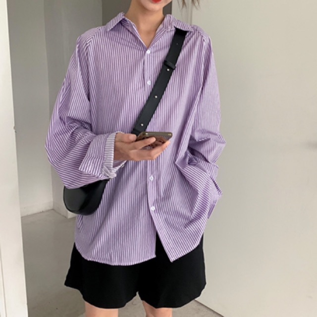 Sm310- áo sơ mi kẻ tím tay bo