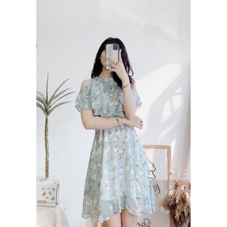 V093 váy voan hoa xanh hở vai  - MC phân phối chính thức ( kèm ảnh thật shop tự chụp)