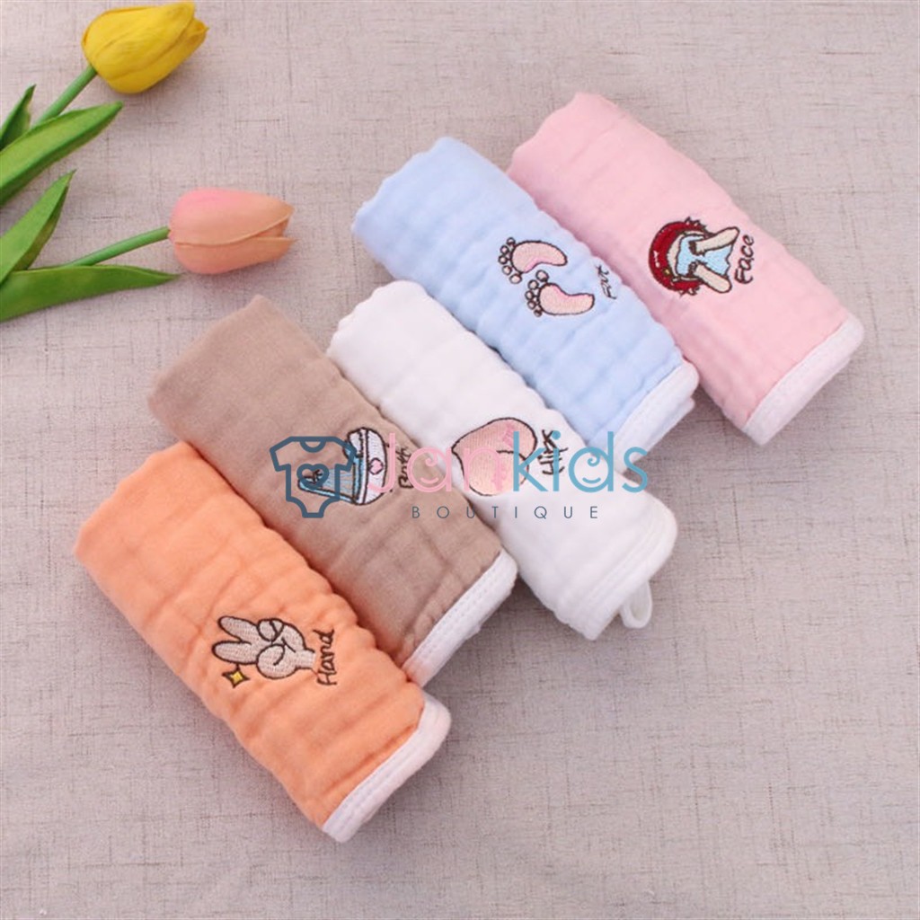 Set 5 Khăn xô sữa 6 lớp cho bé siêu thấm hút thêu họa tiết hoạt hình đáng yêu