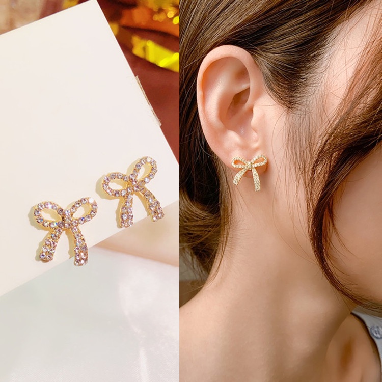 Bông tai nơ đính đá hoa tai nữ thời trang sức hàn quốc