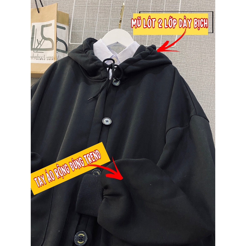 Áo khoác nỉ 355 LylyshopUnisex, kiểu áo nỉ hoodie có mũ nam nữ cài cúc oversize form rộng tay phồng có túi chất nỉ bông | BigBuy360 - bigbuy360.vn