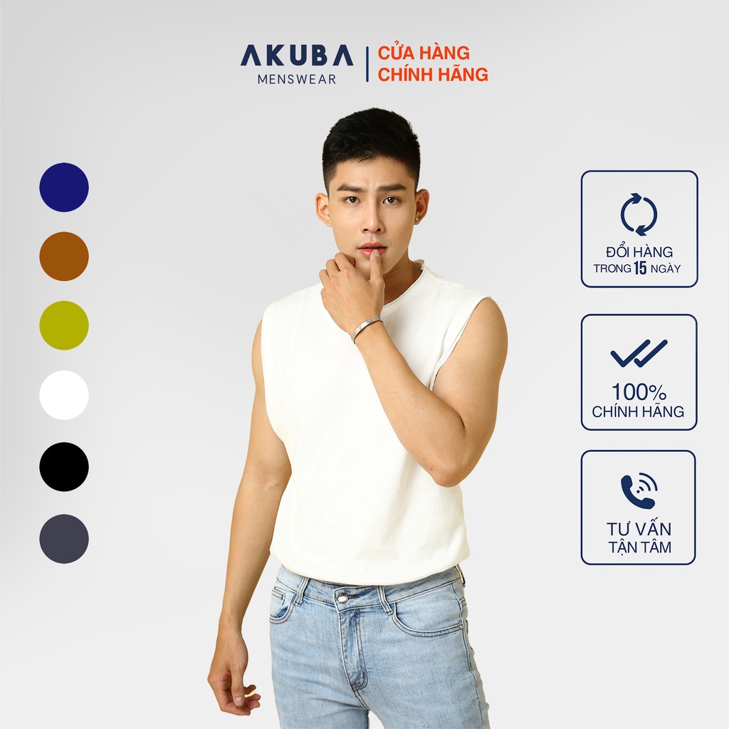 Áo thun tanktop nam AKUBA cổ tròn form oversize, chất liệu single cotton 100% sợi tự nhiên thoáng mát  01J553