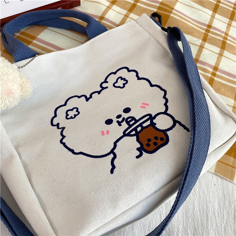 Túi Tote đeo chéo kiểu dáng mới. Túi vải Canvas họa tiết gấu thỏ sử dụng đi học, đi chơi