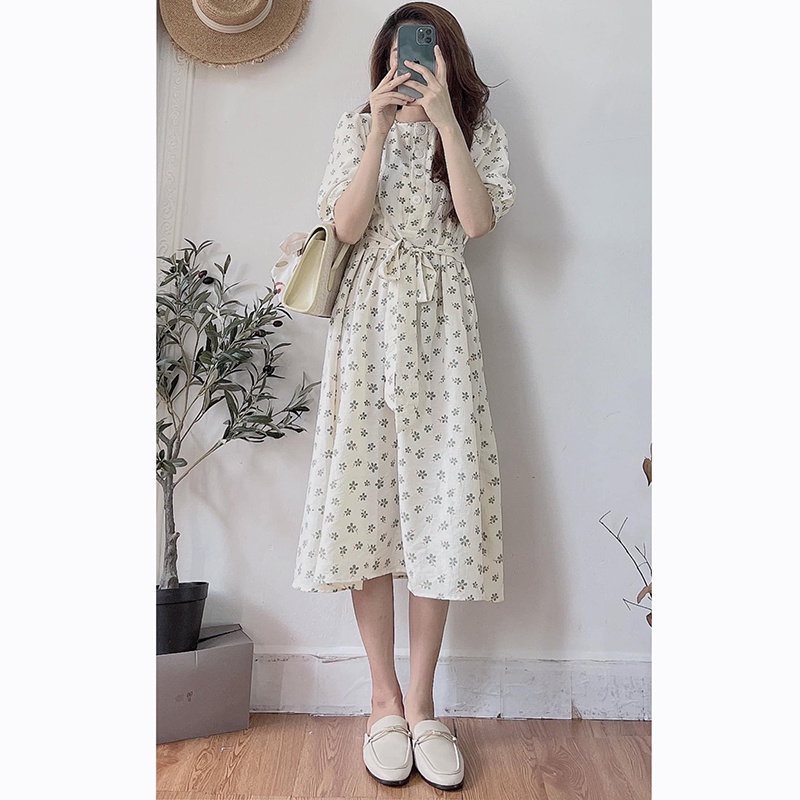 Váy trắng hoa nhí body babydoll tay ngắn thiết kế dây thắt eo bản to vintage , Đầm dự tiệc nữ hoa trắng | BigBuy360 - bigbuy360.vn