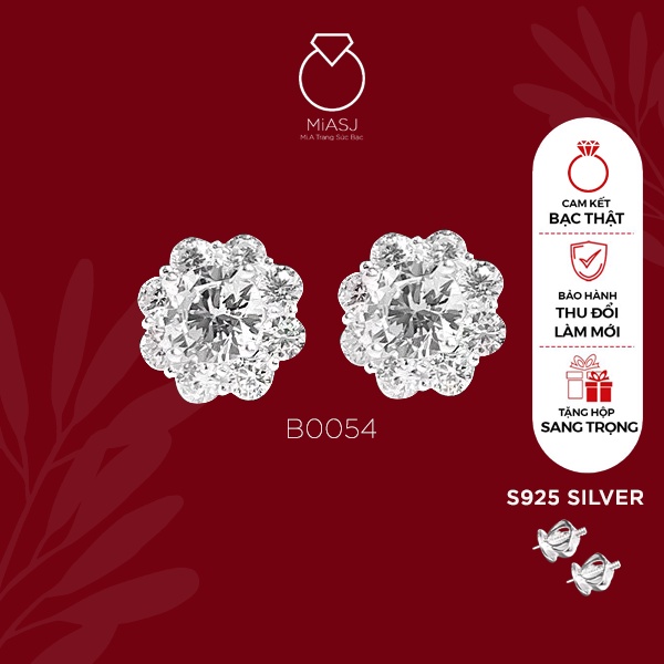 Bông tai nữ bạc Ý S925 MiASJ B0054 chốt vặn khuyên hoa kết đá CZ sang trọng