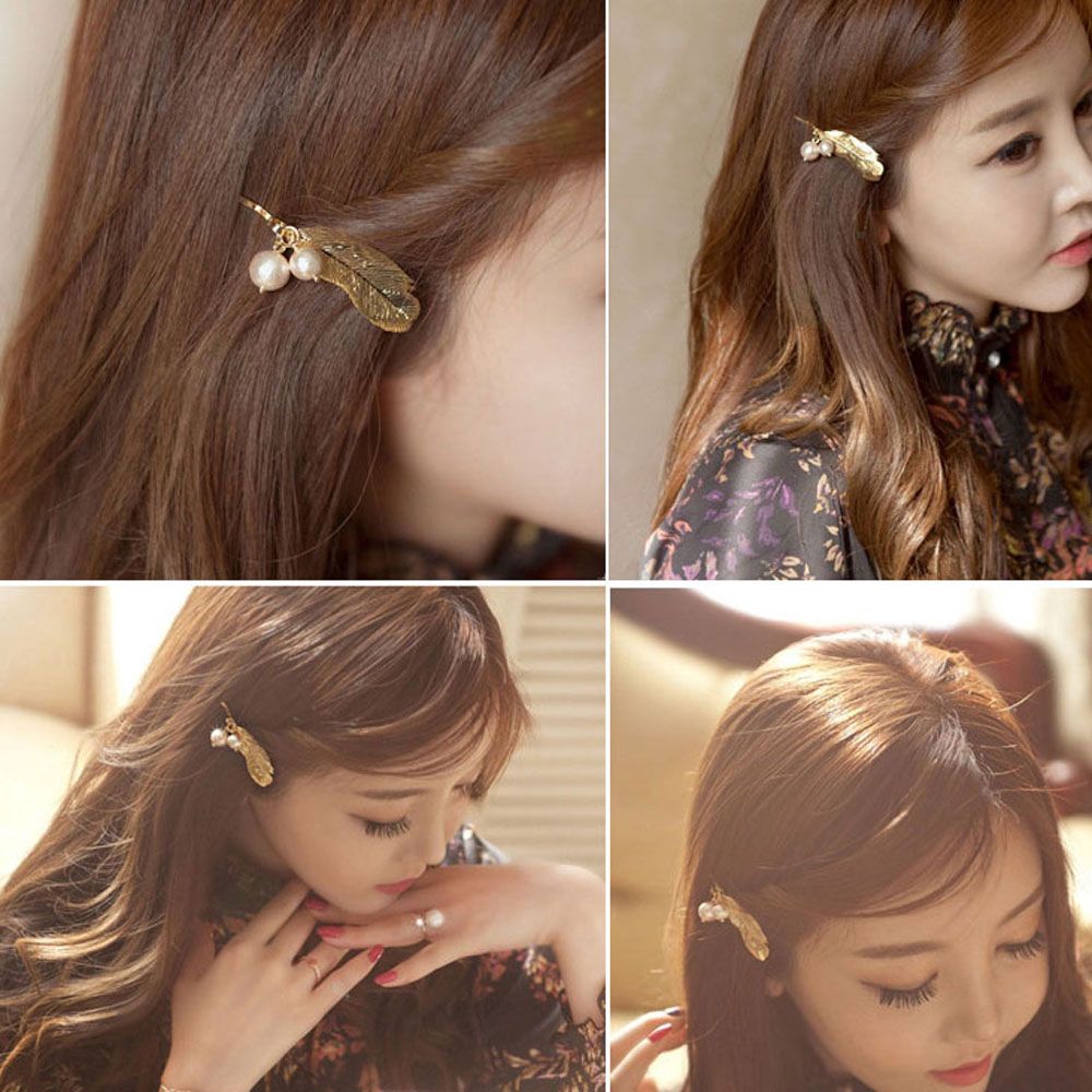 Kẹp tóc kim loại hình lá đính hạt giả ngọc trai