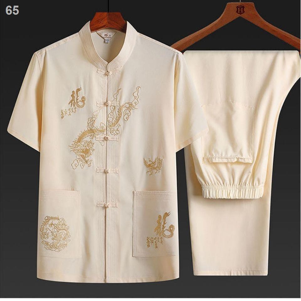 Tang suit nam mùa hè băng lụa ngắn tay quần áo giới cao tuổi Trang phục cha Hanfu trọn bộ dân tộcO