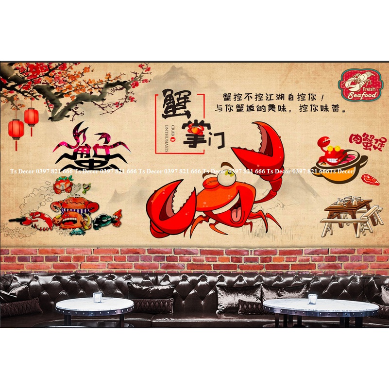 Tranh dán tường nhà hàng lẩu nướng 3D cao cấp chất liệu lụa 3D, xé không rách, lau chùi thoải mái